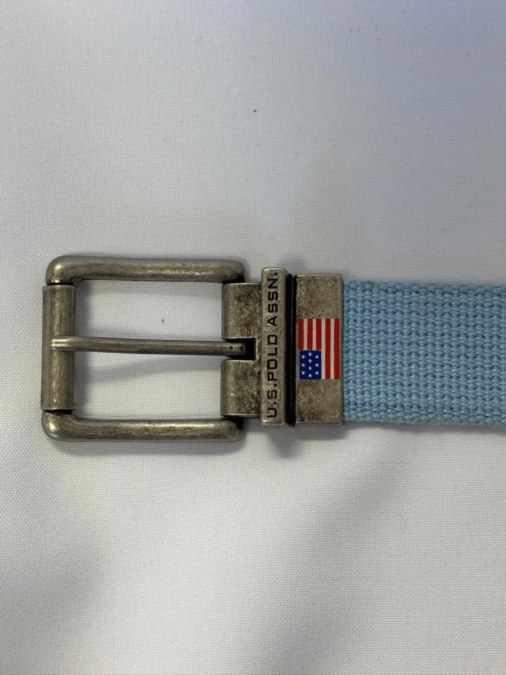 U.S. Polo Assn. Light Blue Canvas Men's Belt with American Flag Buckle Size 34